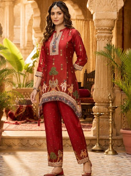 Maroon Ethnic Printed Cotton Kurta Set