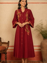 Maroon Floral Embroidered Cotton A-Line Shirt Dress