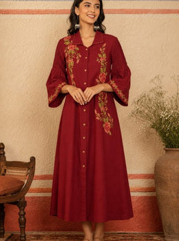 Maroon Floral Embroidered Cotton A-Line Shirt Dress