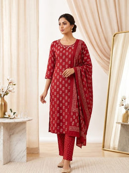 Maroon Printed Cotton Kurta Pant Set with Matching Dupatta