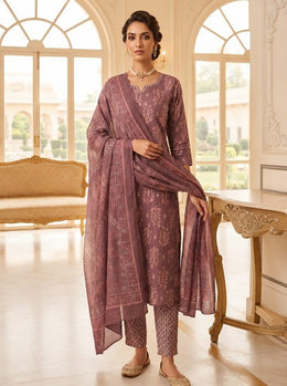 Mauve Printed Cotton Kurta Pant Set with Matching Dupatta