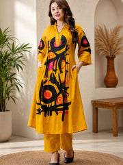 Mustard Yellow Abstract Printed Cotton Kurta Set