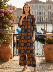 Navy Blue Ethnic Motif Printed Cotton Kurta Set