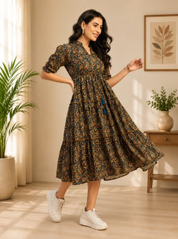 Navy Blue Paisley Printed Cotton Tiered Midi Dress