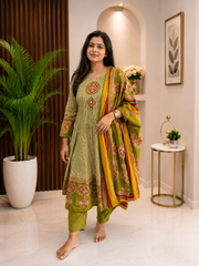 Olive Green Printed Kurti Set with Dupatta
