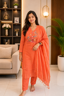 Orange Embroidered Kurti Set with Dupatta