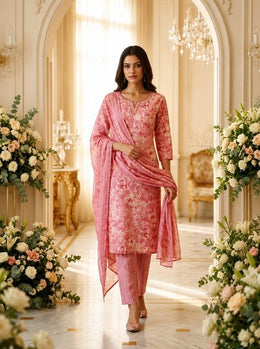 Pink Floral Cotton Kurta Pant Set with Matching Dupatta