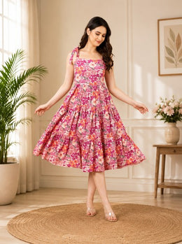 Pink Floral Printed Cotton Tiered Fit & Flare Midi Dress