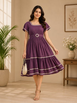 Royal Purple Solid Cotton Fit & Flare Tiered Midi Dress