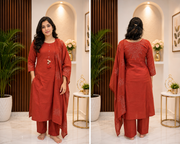Rust Embroidered Straight Dress Set with Dupatta
