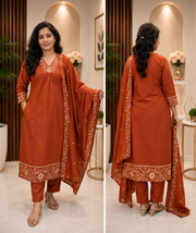 Rust Floral Embroidered Dress Set with Dupatta