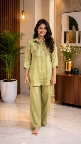 Sage Green Embroidered Satin Co-Ord Set