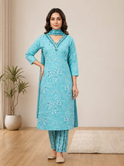 Sky Blue Floral Kurta Pant & Dupatta Set