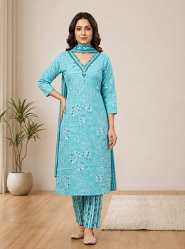 Sky Blue Floral Kurta Pant & Dupatta Set