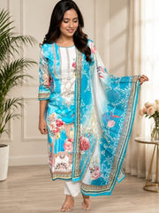 Sky Blue Floral Printed Lawn Suit Set with Dupatta