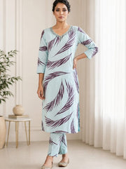 Sky Blue Leaf Printed Kurta Pant Set