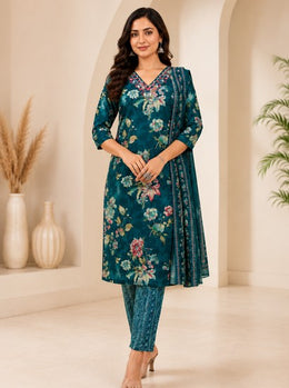 Teal Floral 3-Piece Kurta Set
