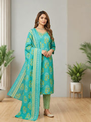 Turquoise Floral Printed Kurta Pant Set with Dupatta