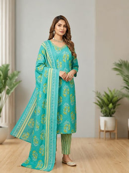 Turquoise Floral Printed Kurta Pant Set with Dupatta