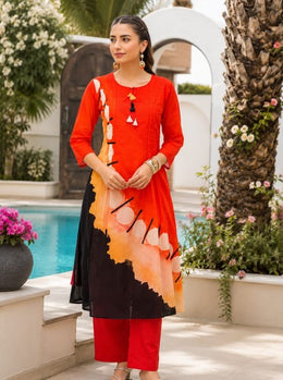 Vibrant Red Abstract Printed Cotton Kurta Set