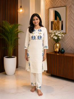 White Blue Floral Embroidered Kurti Set