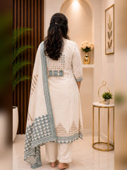 White and blue printed kurta set with dupatta back view