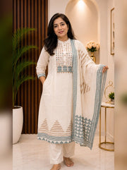 White and blue printed kurta set with dupatta front view